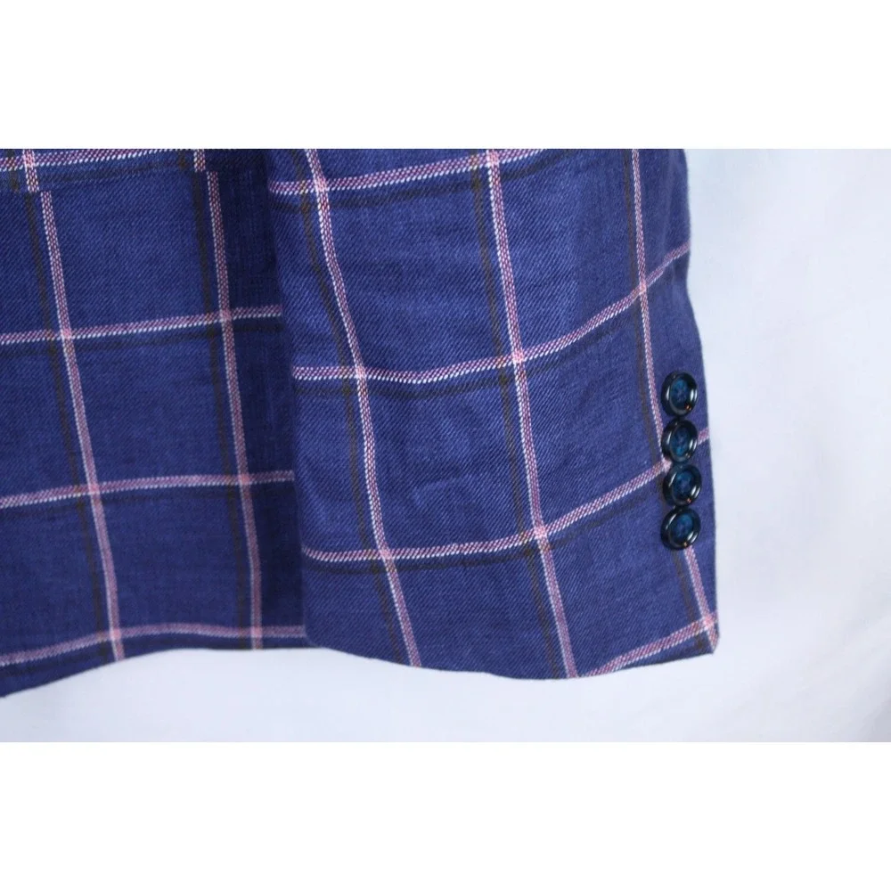 Tallia Mens Sport Coat Blue Linen Size 46R Two-Button Closure Windowpane Jacket